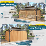 MELLCOM 12'x16' Hardtop Gazebo, Galvanized Steel Metal Double Roof Aluminum Gazebo with Curtains and Netting, Brown Permanent Pavilion Gazebo with Aluminum Frame for Patio, Lawn & Garden MELLCOM