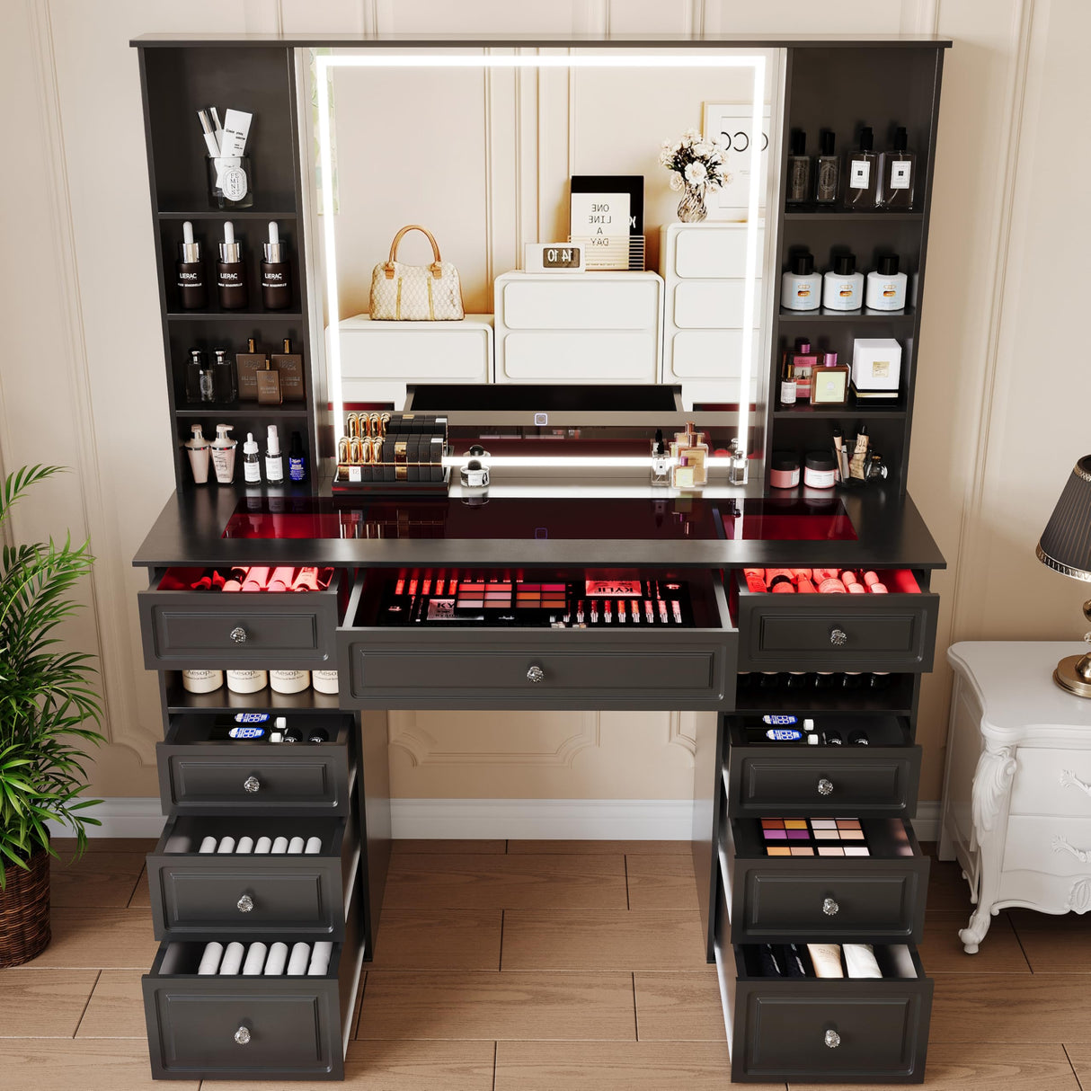 Wildhome Vanity Desk with Mirror and Lights, Glass Top Dressing Table with 9 Drawers, Makeup Vanity with Storage Bench, European Style Vanity, Adjustable Brightness Vanity for Bedroom(Black) Wildhome