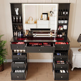 Wildhome Vanity Desk with Mirror and Lights, Glass Top Dressing Table with 9 Drawers, Makeup Vanity with Storage Bench, European Style Vanity, Adjustable Brightness Vanity for Bedroom(Black) Wildhome