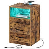Seventable Nightstand with Wireless Charging Station and LED Lights, Rustic End Side Table with 3 Drawers and Open Compartment for Bedroom, Rustic Brown Seventable