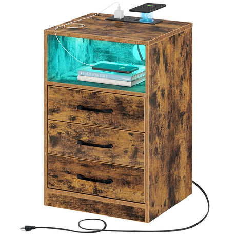 Seventable Nightstand with Wireless Charging Station and LED Lights, Rustic End Side Table with 3 Drawers and Open Compartment for Bedroom, Rustic Brown Seventable