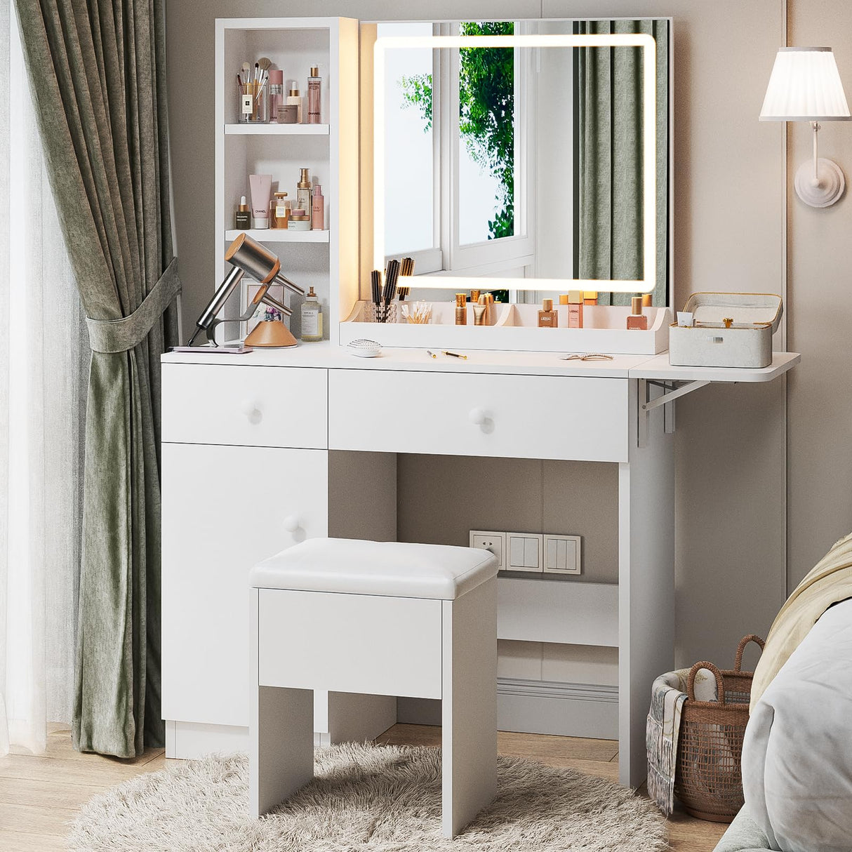 Haewon Makeup Vanity Desk with Mirror and Lights, White Vanity Table with Power Outlet and 3 Lighting Modes, Dressing Table Set with Cabinet Drawers Shelves and Storage Stool for Bedroom Haewon
