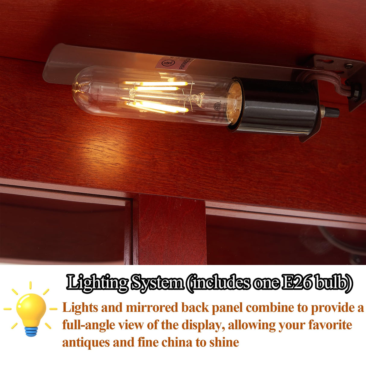 43"H Lighted Display Curio Cabinet, 3-Tier Glass Accent Storage Cabinet Curio Showcase w/ 2 Doors & Adjustable Shelves, Wine Artwork Storage Rack w/ Mirrored Back Panel for Living Room (Cherry) TRJQBCC