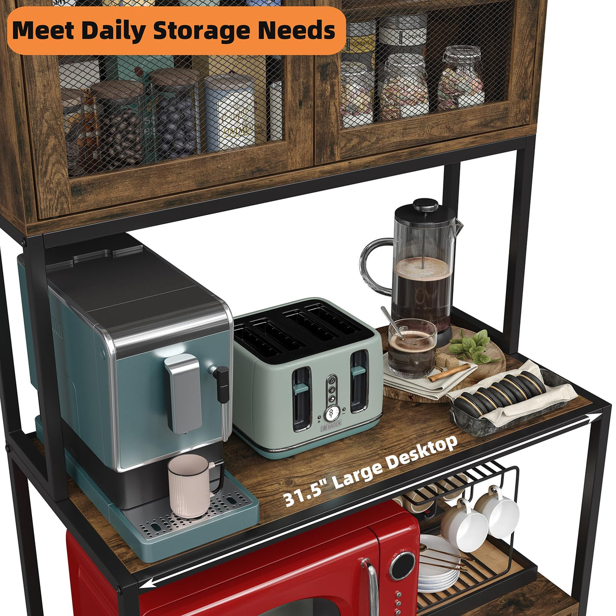 Furniouse 6-Tier Kitchen Bakers Rack with Power Outlet, Industrial Microwave Oven Stand with Shelves, Kitchen Utility Storage Shelf with Cabinet, Standing Storage Rack (Rustic Brown) Furniouse