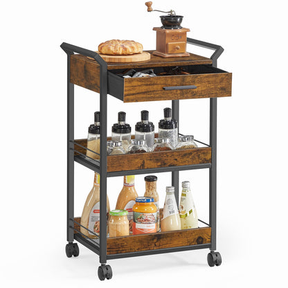 VASAGLE Storage Cart, 3-Tier Rolling Utility Cart with Table Top, Handles, 4 Lockable Casters, Top Drawer, Mesh Shelves, for Kitchen, Bathroom, Bedroom, Rustic Brown and Ink Black ULRC048K01