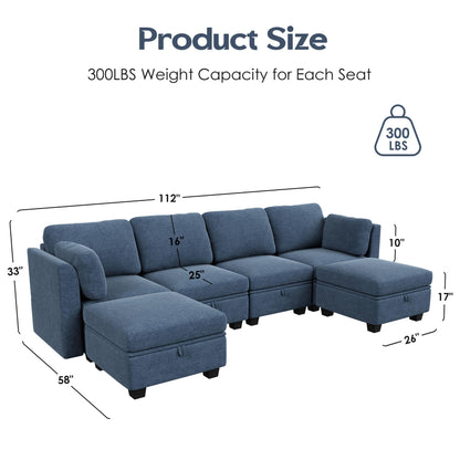 SOMEET Modular Sectional Sofa Couch with Storage, U Shaped Sectional Couches for Living Room with Chaise, 6 Seats Convertible Modular Sofa Couch High Supportive with Adjustable Backrest 112", Blue