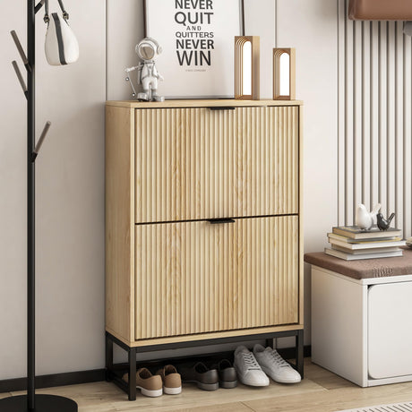 Lisicues Shoe Cabinet Storage for Entryway, Modern Slim Shoe Organizer, Tipping Shoe Cabinet with 2 Flip Drawers Fluted Panel, Narrow Shoe Rack for Living Room (Wood) Lisicues