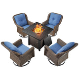Bellefurn Patio Resin Wicker Furniture Set with Fire Pit Table, PE Rattan Swivel Patio Chairs with Propane Fire Pit Table, Brown Wicker 5PCS Patio Conversation Set Bellefurn