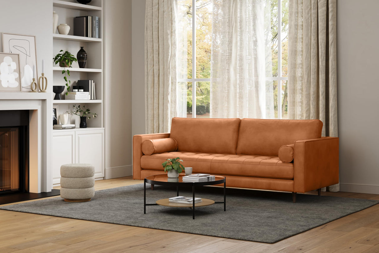 Valencia Isabella 88" Wide Sofa with 2 Bolsters | Italian Nappa 11000 Full Grain Leather, Mid-Century Tufted Couch for Living Room, Kiln-Dried Wood Frame, Down Feather Filling, Cognac VALENCIA THEATER SEATING