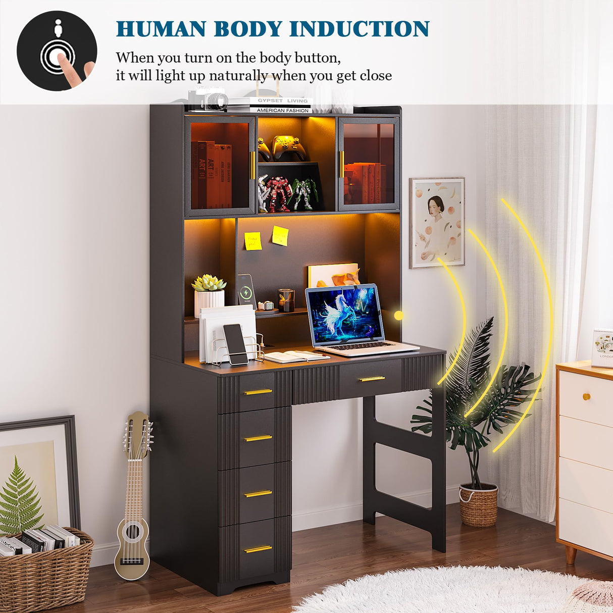 WOOVIVS LED Study Desk with Hutch and Drawer, Home Office Desk with Outlet, Computer Desk with Charging Station, Writing Desk for Bedroom, Workstation for Small Space (Black) WOOVIVS