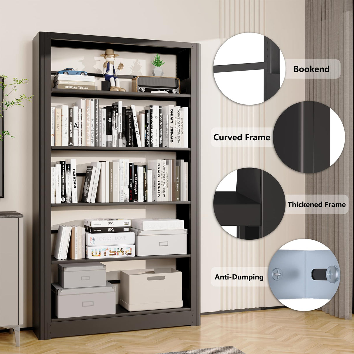 Metal Bookshelf,69" Tall Wide Industrial Bookshelf,5-Tier Sturdy Bookcase with Adjustable Shelves,Heavy Duty Strong open bookshelf,Black Bookcase with 6 Shelves for Office, Living Room, Library ZONLESON