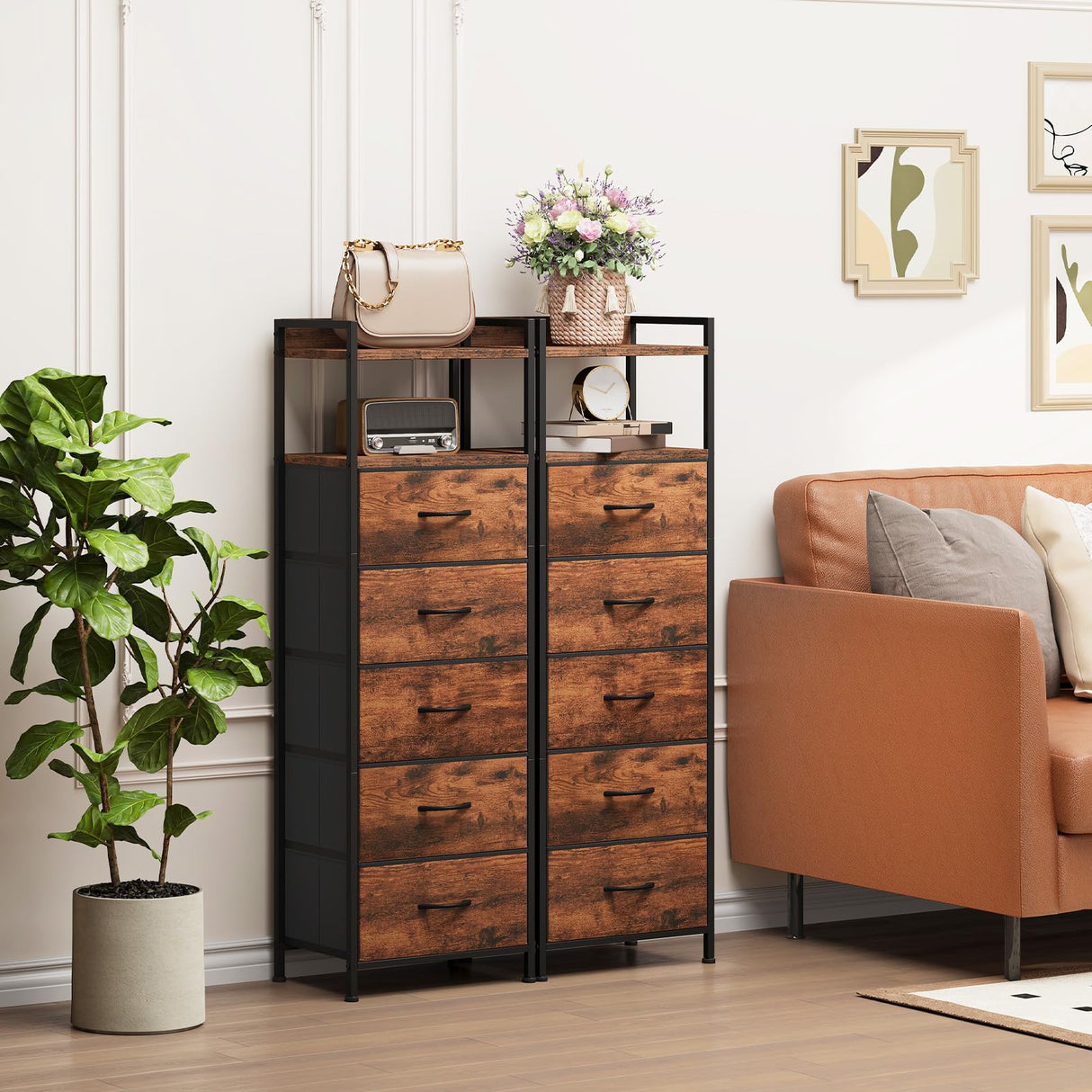 Somdot Tall Night Stand for Bedroom,Tall 5 Drawers Dresser, Vertical Storage Tower Unit, Nightstand Furniture with Fabric Drawer Organizer in Bedside Kids Room, Laundry Entryway, Wood Grain Print Somdot