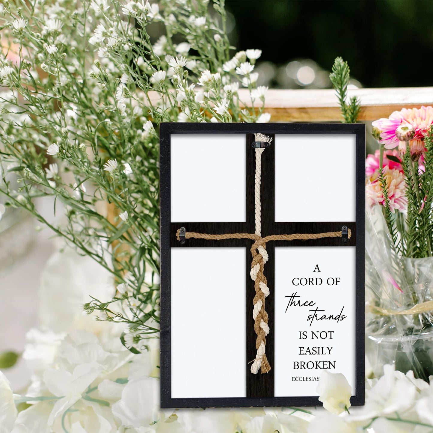 A Cord of Three Strands Wedding Sign 15"X10" Unity Cross Braid for Wedding Ceremony Ideas Wood Frame for Couple Anniversary Religious Christian Marriage Gifts Decor Ecclesiastes 4:9-12 (Black - WoodArtSupply