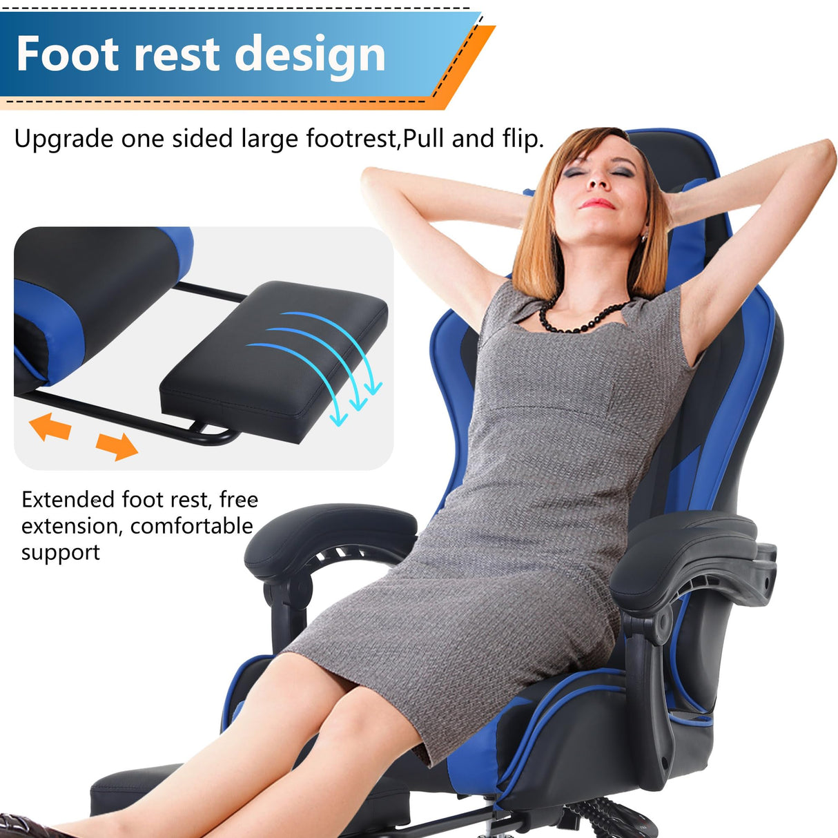 PayLessHere Ergonomic Racing Desk Chair Computer Chair Gaming Chair with Footrest Lumbar Support Headrest Armrest Task Rolling Swivel Ergonomic E-Sports Adjustable PC Gamer Chair (Blue) PayLessHere
