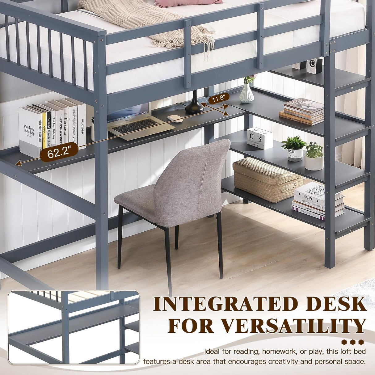 KINFFICT Loft Bed Full Size with Desk and Shelves, Heavy Duty Full Loft Bed Frame with Bookcase Storage, Solid Wood Lofted Bed Frame, Space-Saving, Noise Free, No Box Spring Needed KINFFICT