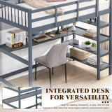 KINFFICT Loft Bed Full Size with Desk and Shelves, Heavy Duty Full Loft Bed Frame with Bookcase Storage, Solid Wood Lofted Bed Frame, Space-Saving, Noise Free, No Box Spring Needed KINFFICT