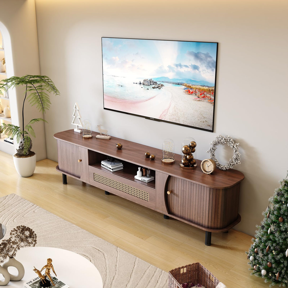 basenji Fluted TV Stand for 75" TV, Mid Century Modern TV Console with Sliding Door & Curved Round Edge, Farmhouse Wooden Entertainment Center TV Media Console Table for Living Room, Bedroom basenji