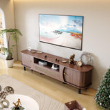 basenji Fluted TV Stand for 75" TV, Mid Century Modern TV Console with Sliding Door & Curved Round Edge, Farmhouse Wooden Entertainment Center TV Media Console Table for Living Room, Bedroom basenji