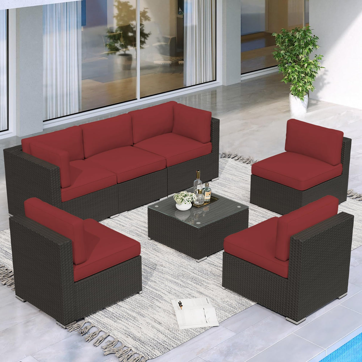Crownland 7 Pieces Outdoor Patio Furniture Sets, All-Weather Black Wicker Rattan Sectional Sofa, Modern Glass Coffee Table and Washable Seat Cushion with Zipper(Red) Crownland