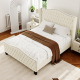 King Bed Frame with 51" Tall Headboard, Velvet Upholstered Platform Bed with Deep Button Tufted, Footboard & Nailhead Trim Wingback, No Box Spring Needed, Noise Free-Beige Konprosp