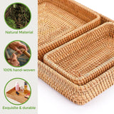 Rattan Serving Tray, Rectangle Rattan Basket Set of 3, Wicker Storage Basket Wicker Baskets for Organizing, Natural Basket Tray Decorative Basket Woven Tray for Home Decor Bathroom Kitchen Counter S310