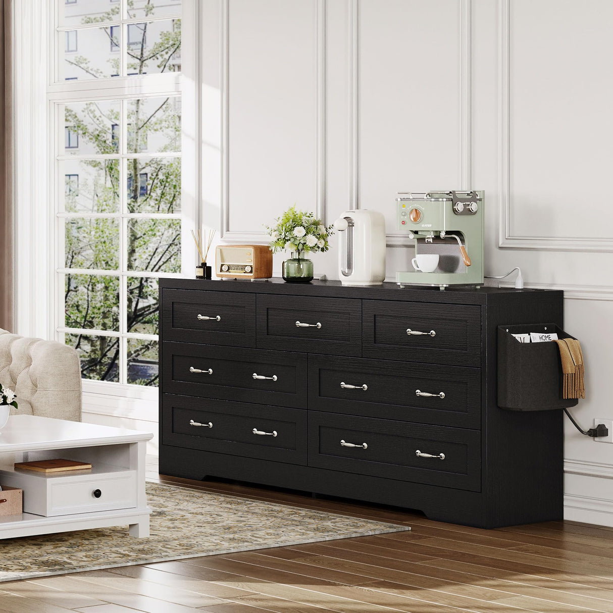 YITAHOME Drawers TV Stand for 65 inches with Power Outlets -Chest of Drawers Dresser with Side Organizer Bag Entertainment Center TV Console, Black YITAHOME