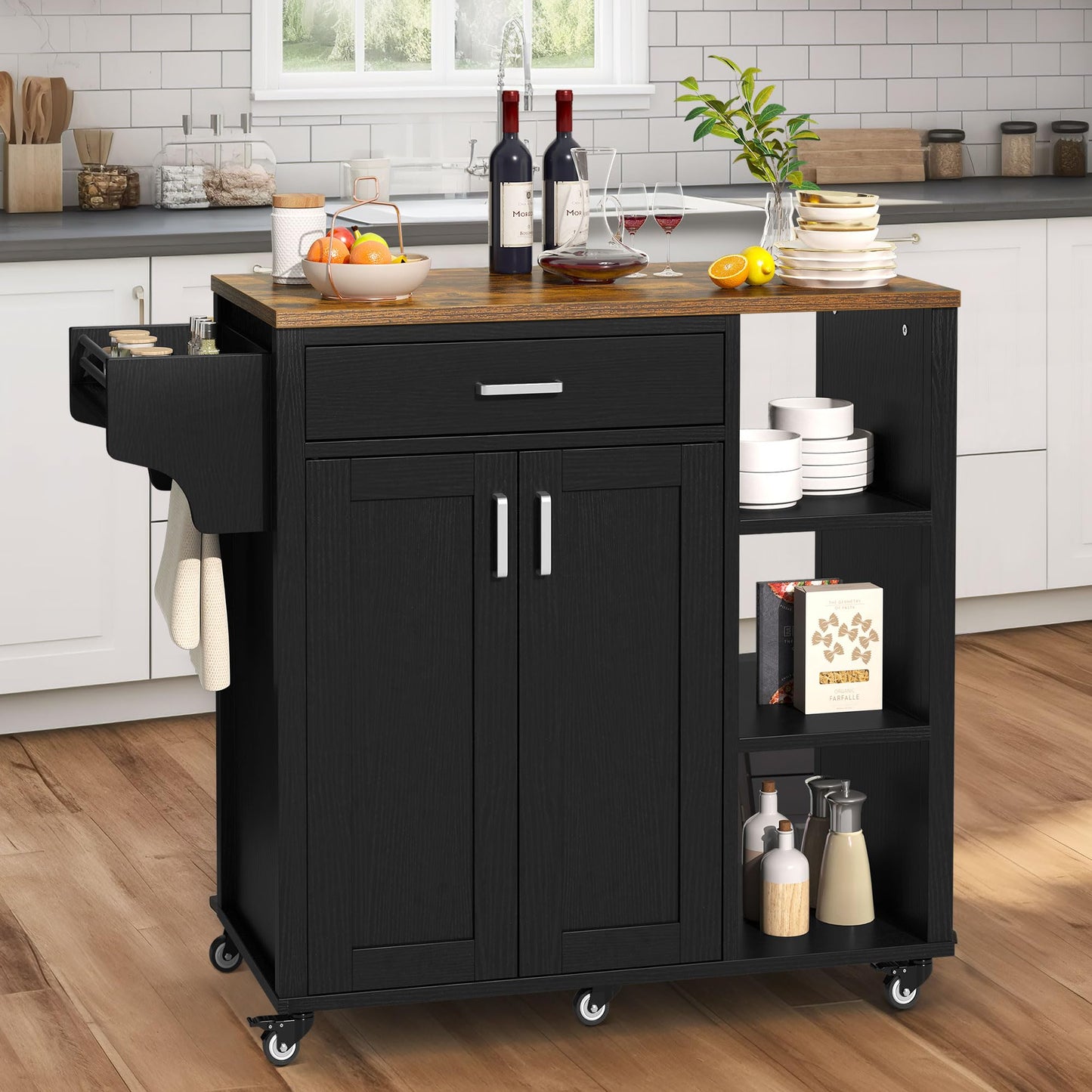 YITAHOME 37" Rolling Kitchen Island Cart with Storage, Butcher Block Island on Wheels, Mobile Kitchen Storage Carts with Shelves & Spice, Black