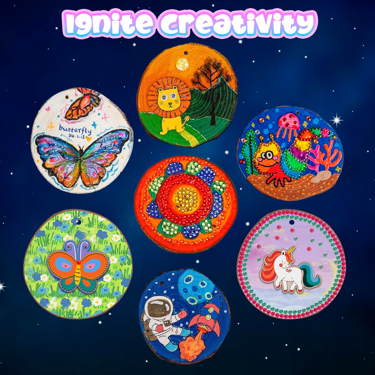 Minetom Kids Wooden Painting Kit-Glow in The Dark，26 pcs Wood Slice Craft Activities Kits-Arts & Crafts Gifts for Boys Girls Ages 5-12,Creative Art Toys for 5, 6, 7, 8, 9, 10, 11 & 12 Year Old Kids Minetom