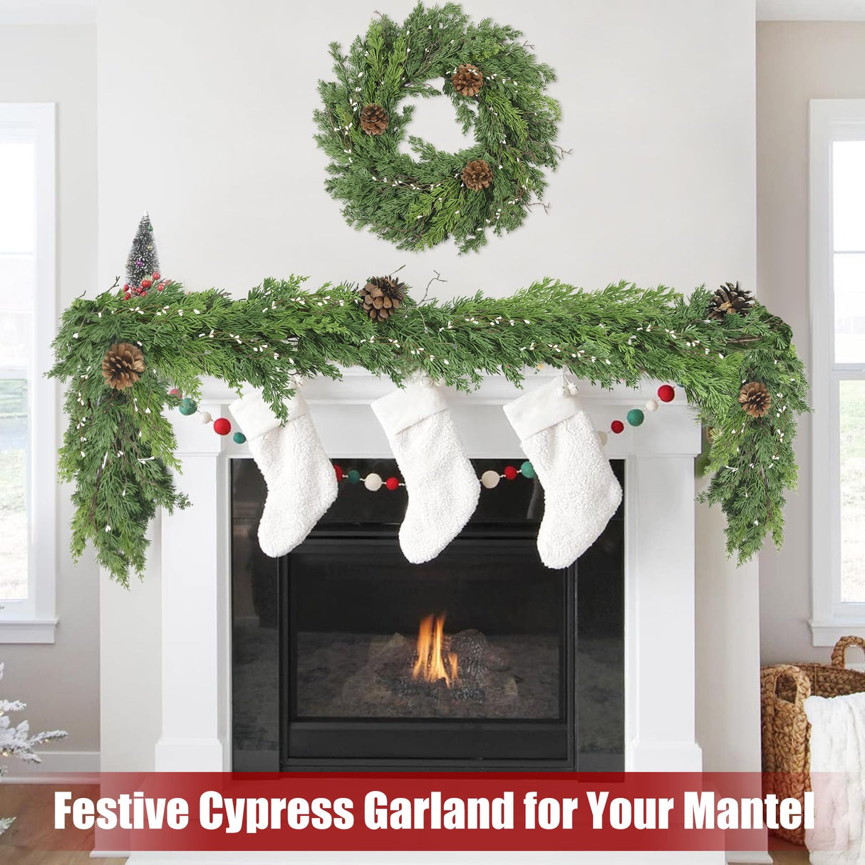 Artgar 6 Ft Christmas Garland - Cedar Garland - Cypress Garland with Pine Cone - Real Touch Pine Garland - Garland Christmas Decorations for Home Dining Table Mantel Porch Winter Christmas Decor Artgar