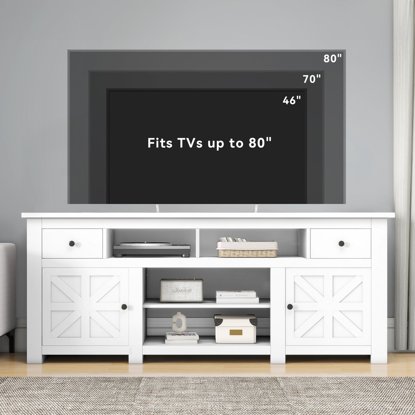 DWVO Farmhouse TV Stand for 75 Inch TV, Entertainment Center with Storage Cabinets, Media Console, TV Table with Drawers, TV Stands for Living Room, White