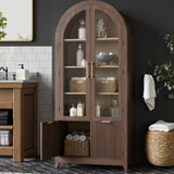 win2win Tall Arched Cabinet with Glass Doors, 68.9" Pantry Storage Cabinets with Fluted Doors & Adjustable Shelves, Mid Century Modern Wood Display Bookcase for Kitchen, Living Room, Bathroom, Walnut win2win