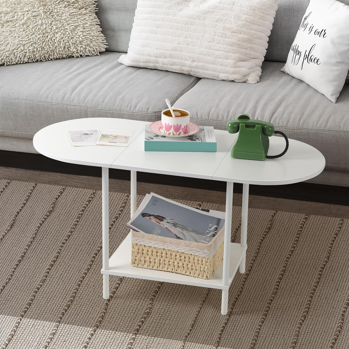 OYEAL White Coffee Table for Living Room, Small Oval Coffee Table with Storage and Wood Tabletop, Mid Century Round Center Table for Small Space, Home Office OYEAL