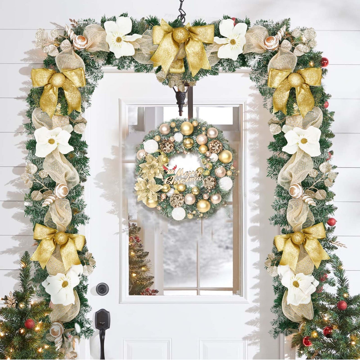 Christmas Garland Decorations, 5.9 FT Luxury Christmas Garland for Mantle, Christmas Flocked Garland with Gold Bows Ribbons Magnolia for Front Door Fireplace Table Home Decor