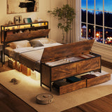Fameill Full Size Bed Frame with Storage Ottoman and 2 Drawers, Farmhouse Metal Platform Bed with Headboard, LED Lights and Charging Station, No Box Spring Needed, Noise Free, Brown Fameill