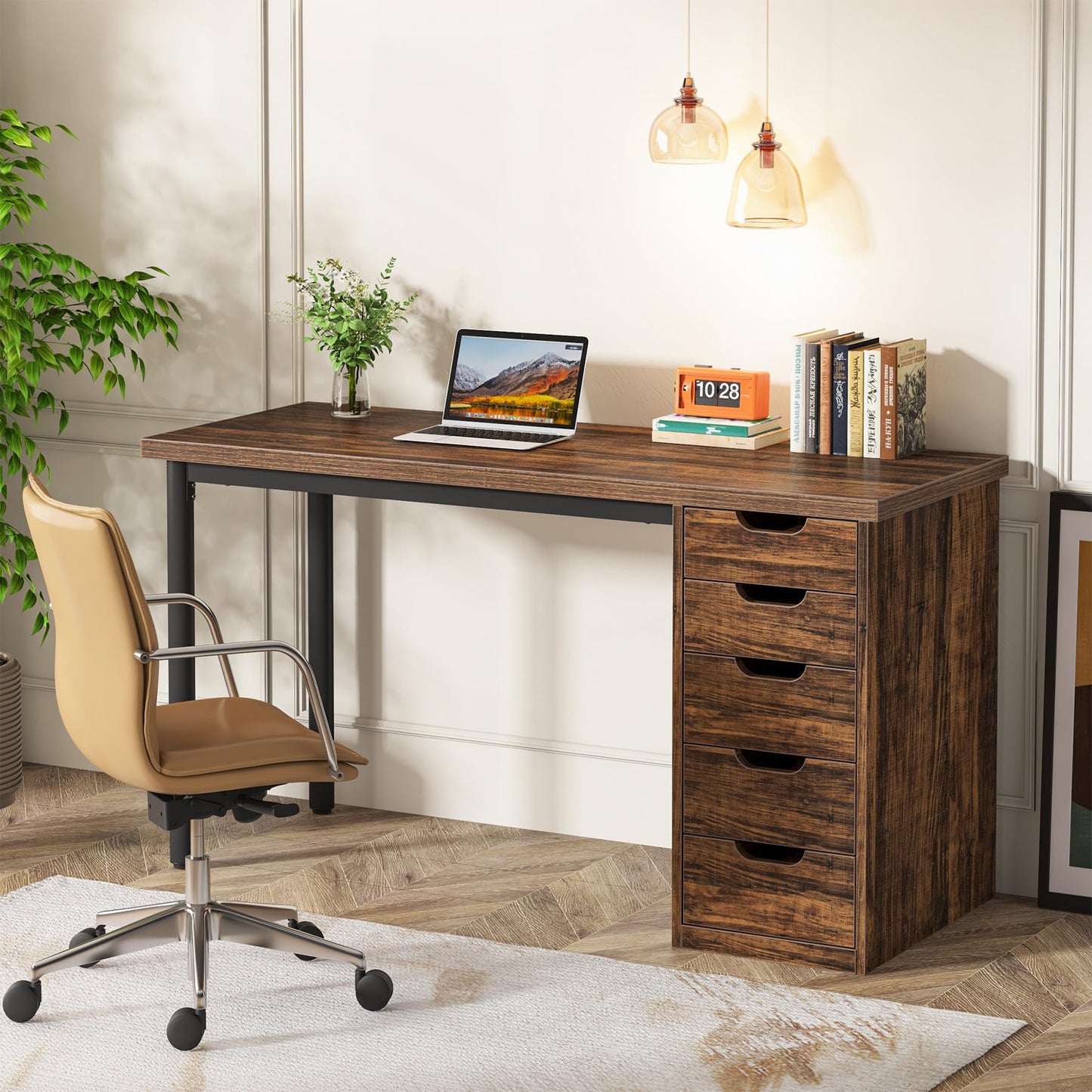 Tribesigns 47 inches Vanity Desk with 5 Drawers (Brown+Brown)