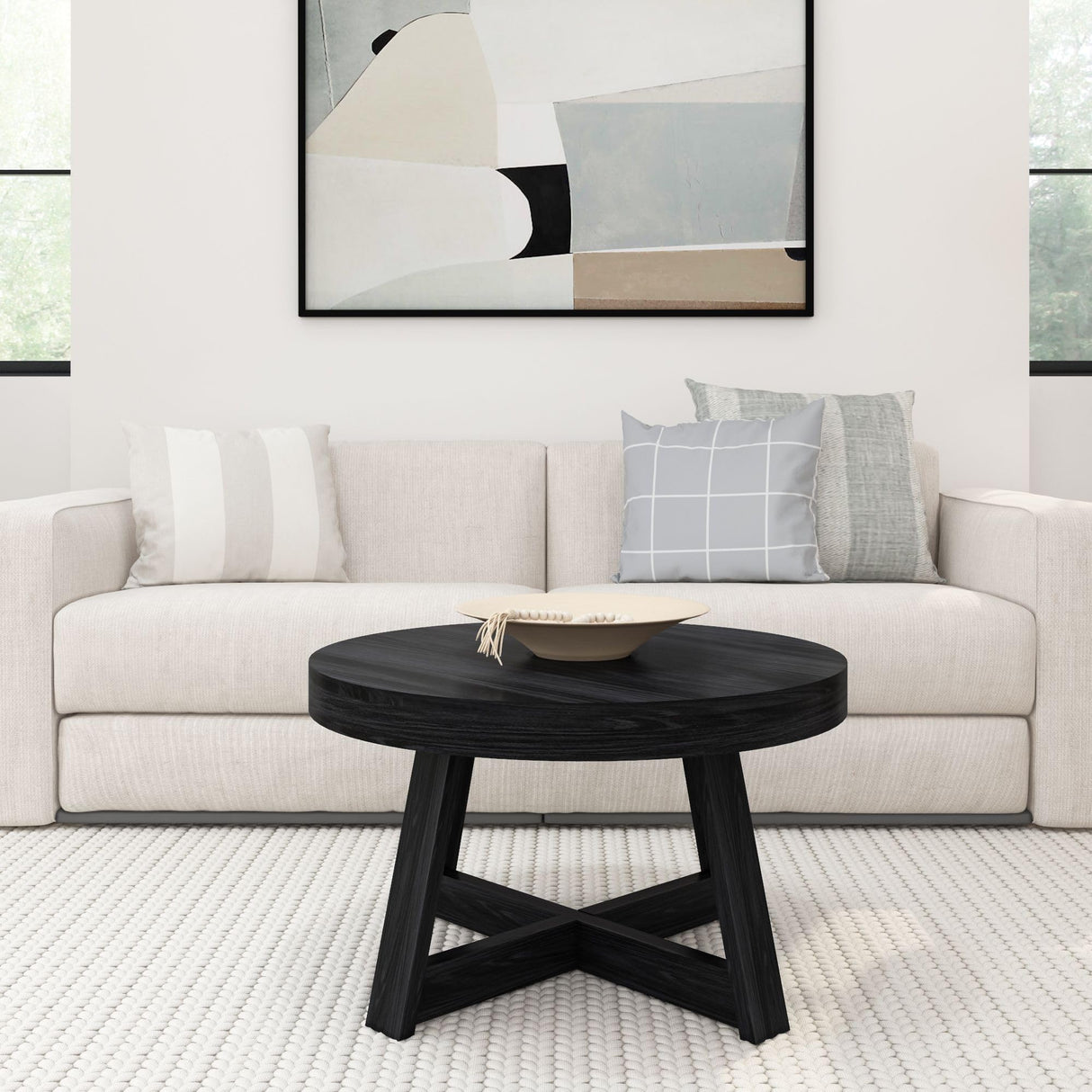 Plank+Beam Classic Round Coffee Table, 30 Inch Farmhouse Coffee Table, Mini Center Tables for Small Spaces, Small Living Space Tea Table, Black Wirebrush Plank+Beam