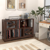 VAXZOFI Large Record Player Stand with Vinyl Storage, 500+ Vinyl Record Storage Cabinet, 47 Inch Record Player Table with Power Outlet, Farmhouse Wooden Turntable Stand for Living Room, Walnut VAXZOFI