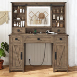AOGLLATI Farmhouse Makeup Vanity Desk with Lights & Charging Station,Vanity Desk with Mirror and Lights, 47.2” Large Brown Vanity Table with Ample Storage Space and Sliding Mirror (Oak Brown) AOGLLATI