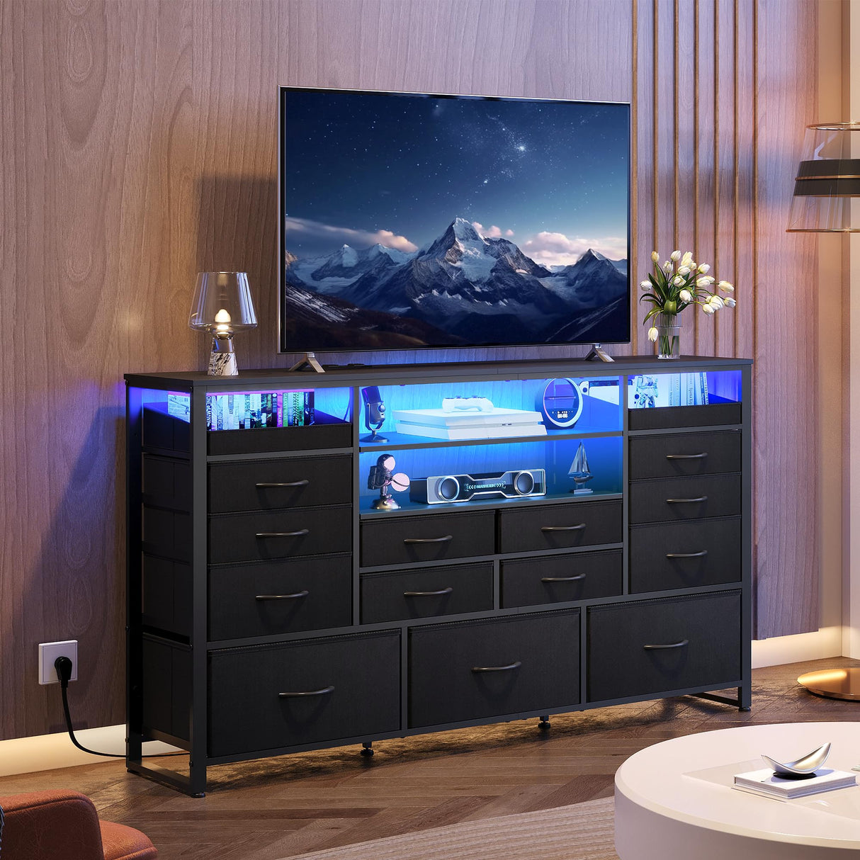 WLIVE Black TV Stand for 55, 60, 65 inch TV, Entertainment Center with LED Lights & Charging Station, TV Media Console Table with 15 Fabric Drawers and Open Shelves for Living Room, Hallway, Wood Topm WLIVE