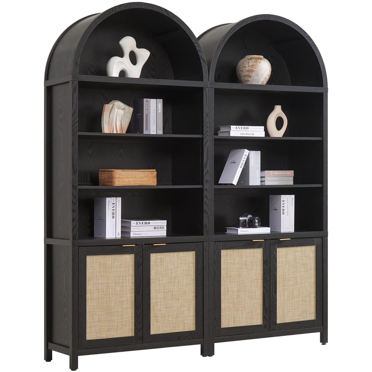 SICOTAS Book Shelf Arched Cabinet Bookshelf Arch 84.2" Tall Bookcase 5 Tier Large Bookshelves with Doors Storage Rattan Boho Wide Book Shelves Case for Living Room Kitchen Office Bedroom Library SICOTAS
