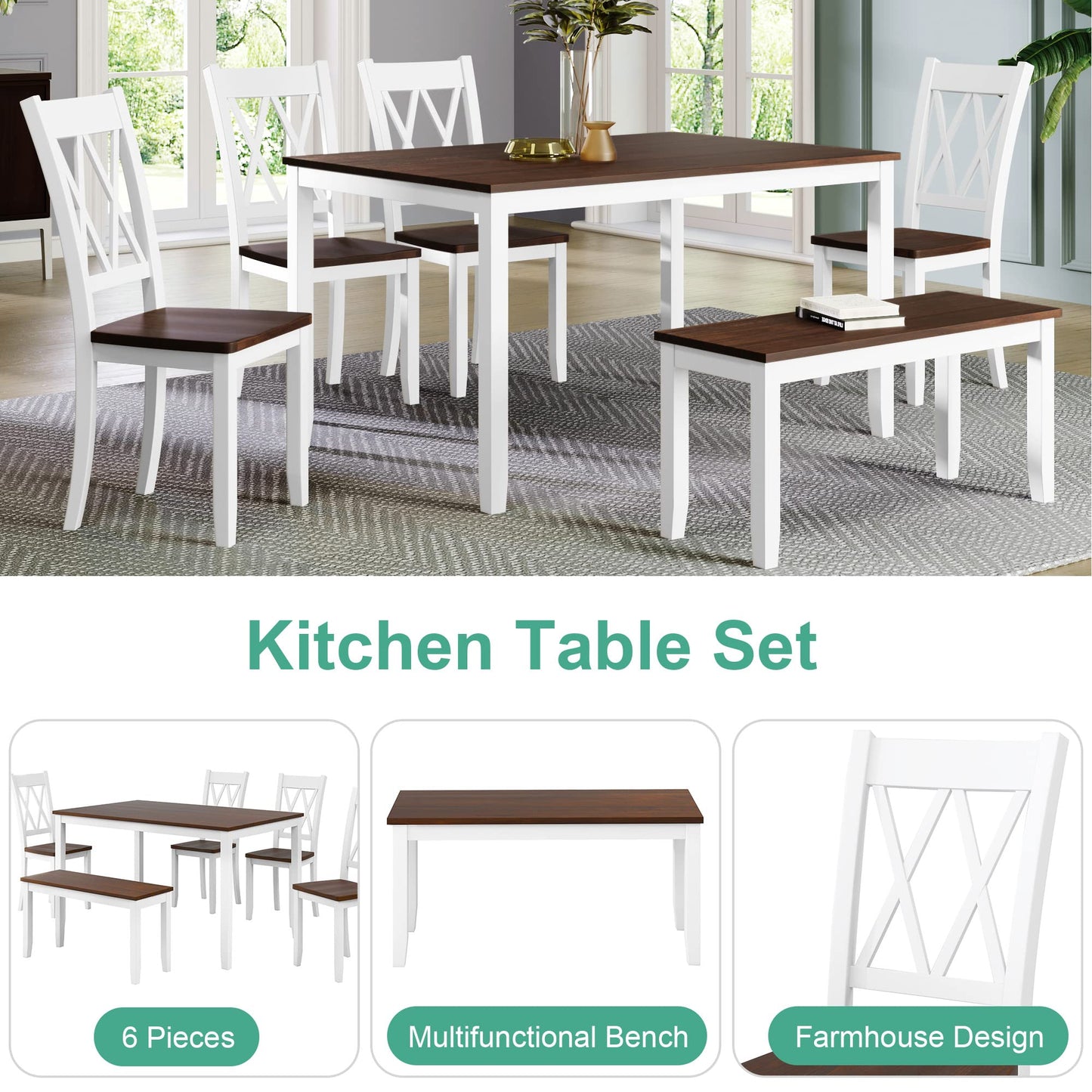 Harper & Bright Designs 6-Piece Dining Set with Bench, Farmhouse Rustic Kitchen Table Set with Wood Table, Bench and 4 Cross Back Dining Chairs, White+Cherry - WoodArtSupply