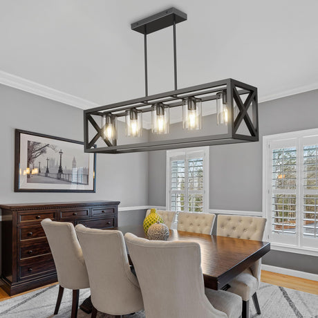 Espird Farmhouse Dining Room Light Fixture - 5 Light Matte Black Rectangle Light Fixture with Adjustable Height & Thickened Metal Dining Table Fixture Chandeliers for Dining Room&Kitchen Island Espird