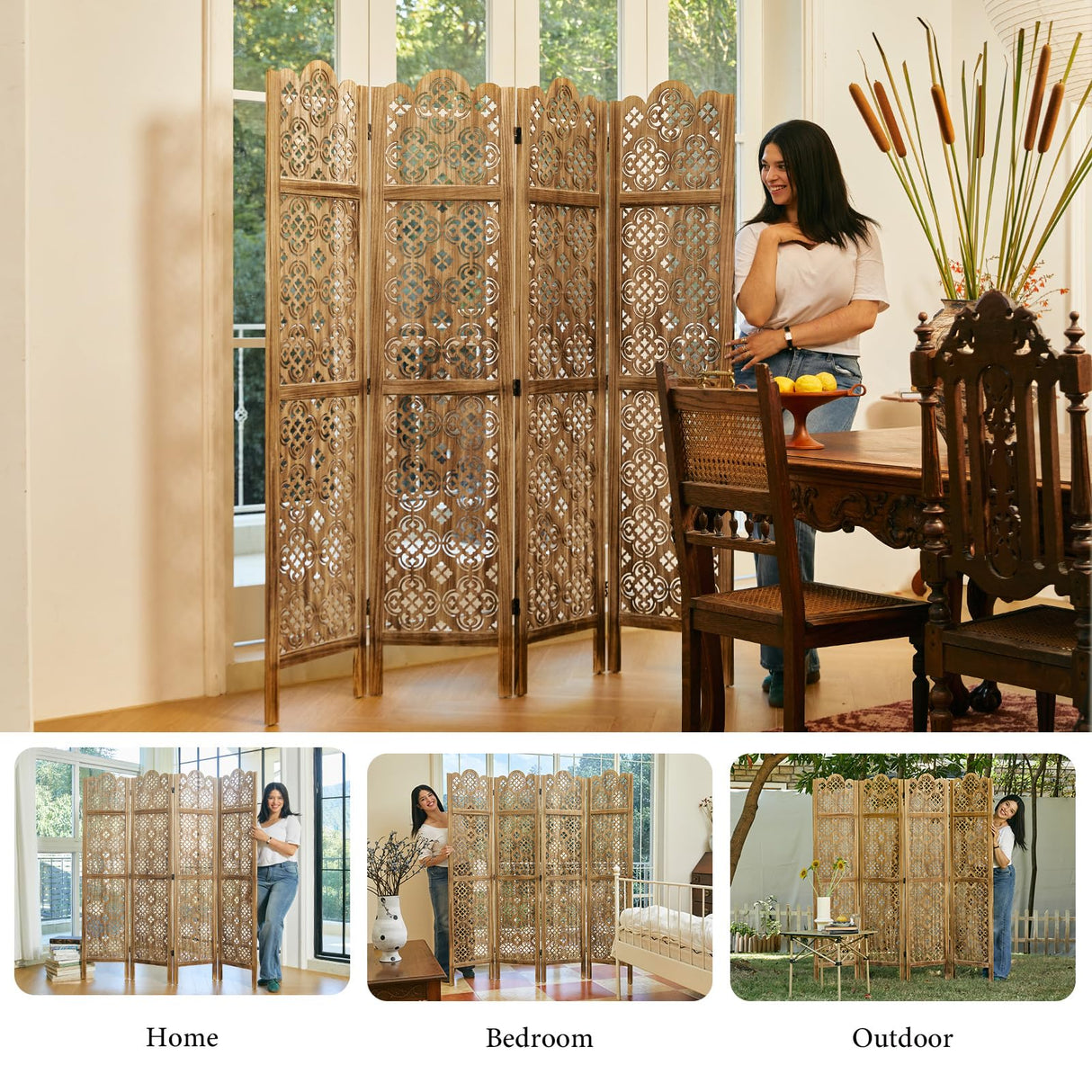 Svimi 5.75Ft Room Divider Wood Carved Wall Divider Indoor Folding Portable Partition Screen for Home Office Garden Terrace - 4 Panel (Antique Brown) Svimi