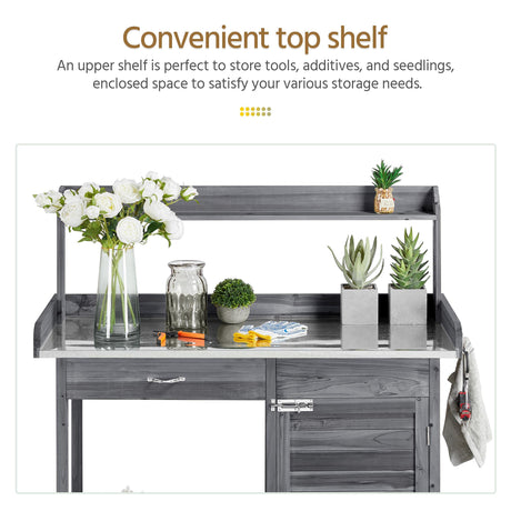 Yaheetech Outdoor Potting Bench Table, Garden Workstation w/Metal Tabletop/Cabinet Drawer/Open Top/Lower Shelf/Handy Hooks for Horticulture,Gray Yaheetech