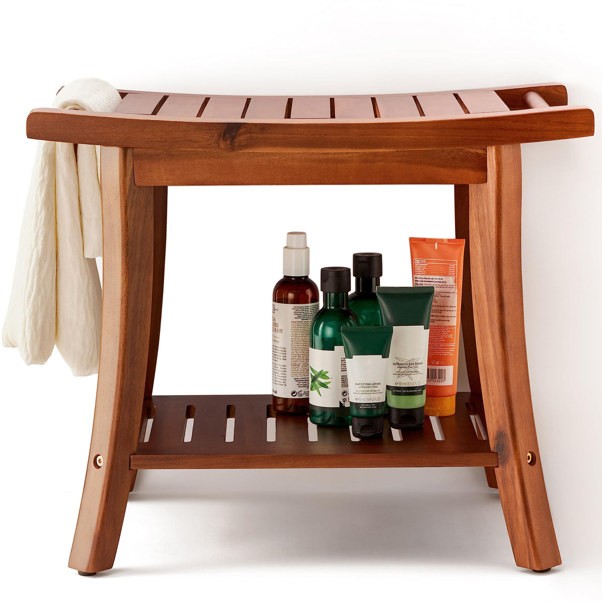 Tinamo Acacia Wood Shower Benches for Inside Shower - Wooden Shower Stool Waterproof for Shaving Legs - Bench Seat with Storage Towel Shelf for Bathroom - Chair Spa Bath (22" x 13" x 18.6") (Acacia) Tinamo