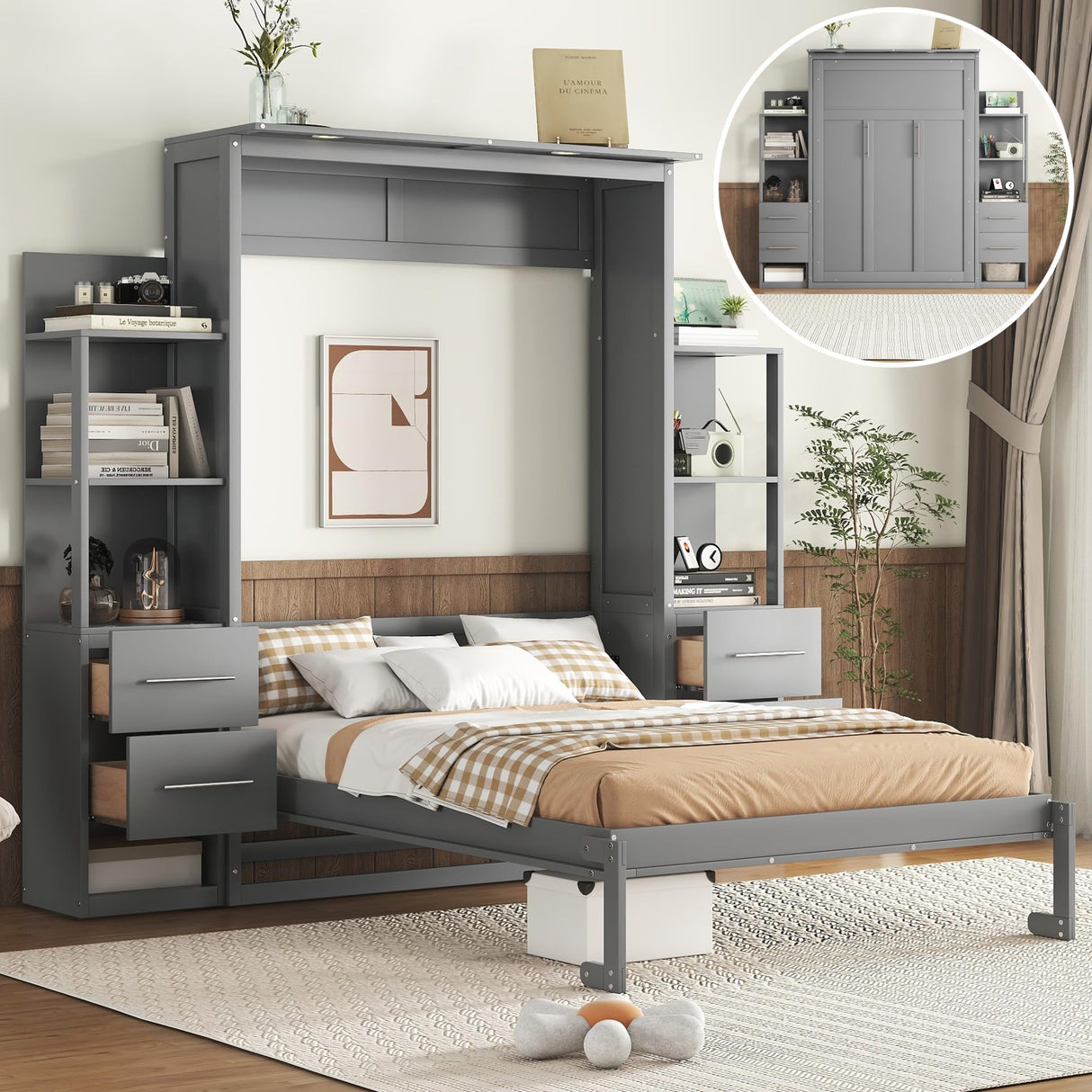 Ball & Cast Murphy Bed Cabinet Full Size,Wall Hideaway Bed with Shelves,can be Folded,Wood Foldable Frame W/Drawers and LED Lights,Slat Support,for for Apartment,Bedroom,Gray Ball & Cast