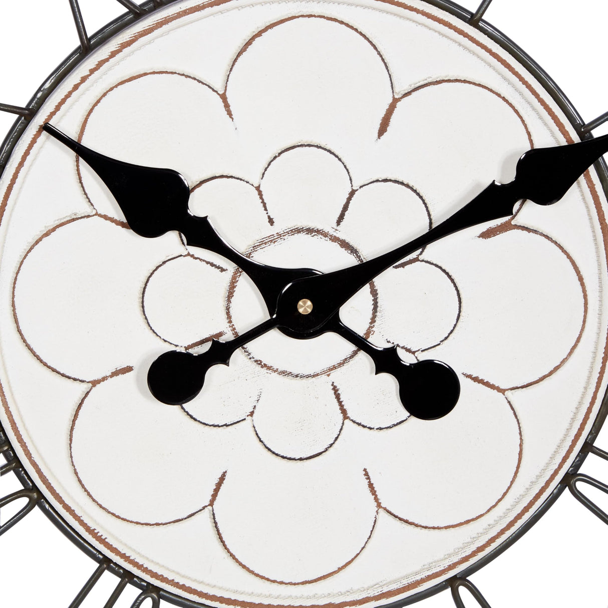 Deco 79 Wooden Floral Decorative Wall Clock Carved Wall Clock for Home with Black Metal Accents, Wall Clock for Room 32" x 2" x 32", White Deco 79