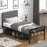 EMODA 16 Inch Twin Size Bed Frames with Upholstered Headboard and Metal Footboard, Heavy Duty Metal Slats Support Mattress Foundation, No Box Spring Needed, Easy Assembly EMODA