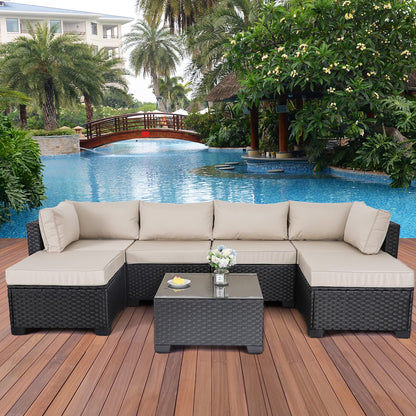 Lviden 7 Pieces Outdoor PE Wicker Furniture Set Patio Rattan Sectional conversation sofa set with Khaki Cushions and Glass Top Table - WoodArtSupply