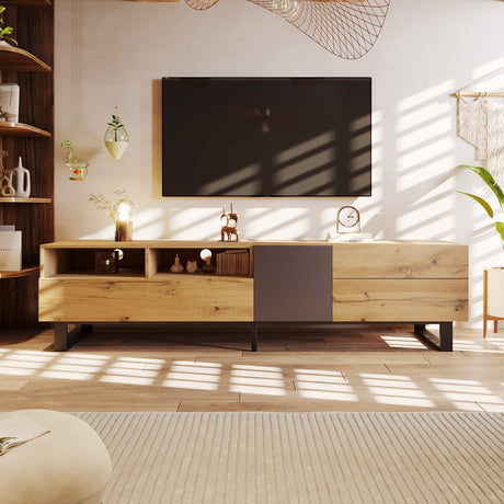 Virubi Modern TV Stand with 3 Cabinets & Open Shelves, Minimalist Wooden Entertainment Center for TVs Up to 80”, Sturdy TV Console for Living Room Bedroom Decor… Virubi